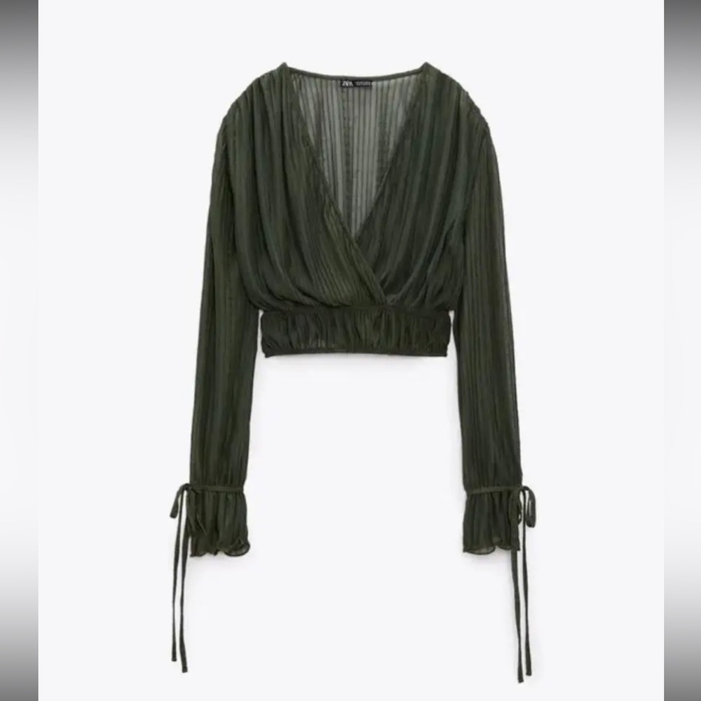 🌿 Zara Sheer Pleated V- neck Blouse with Elastic Waist in Dark Green, L